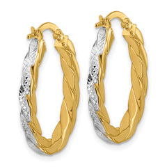 14K w/Rhodium Polished and Dia-Cut Oval Hoop Earrings