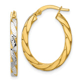 14K w/Rhodium Polished and Dia-Cut Oval Hoop Earrings