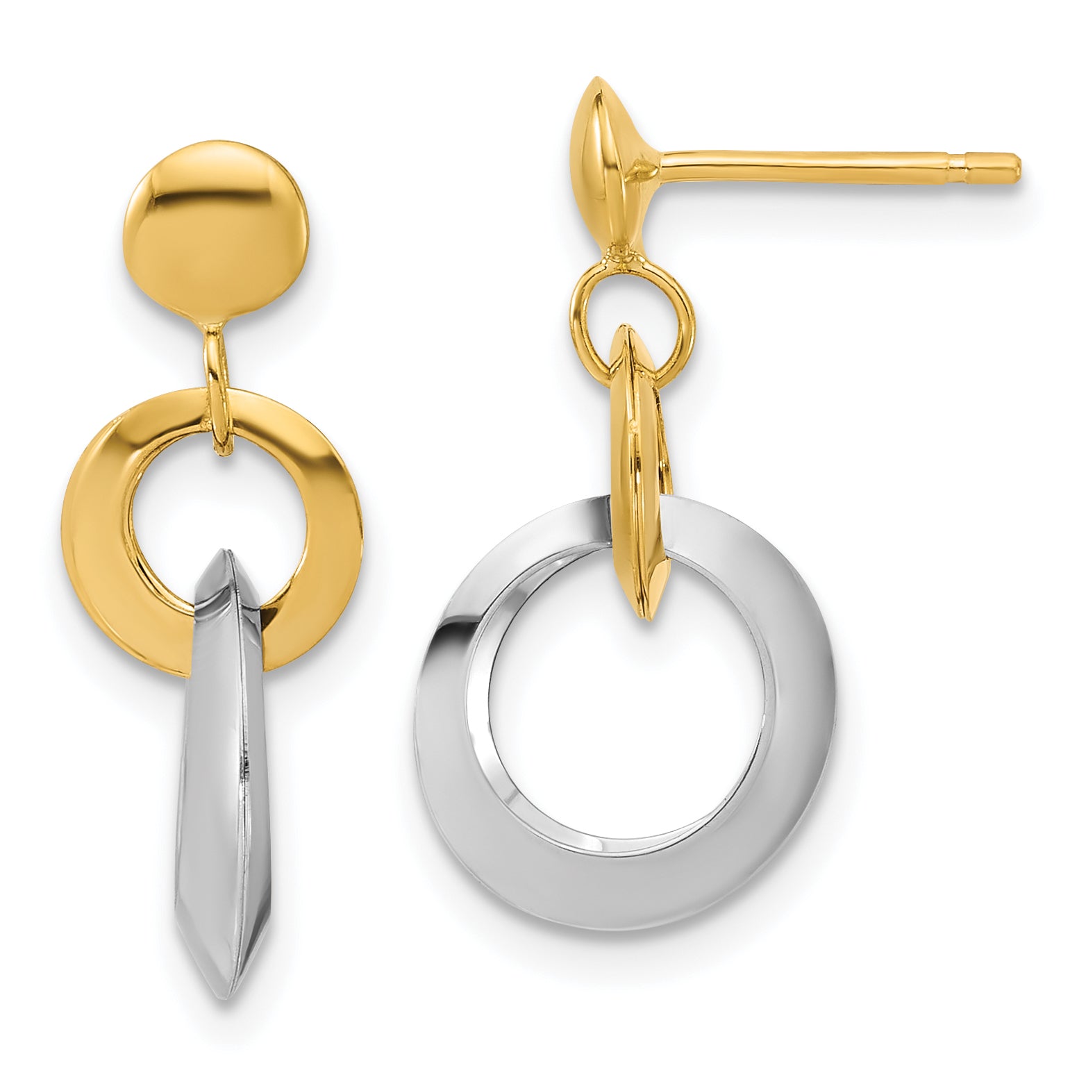 14K Two-tone Polished Circle Link Dangle Post Earrings