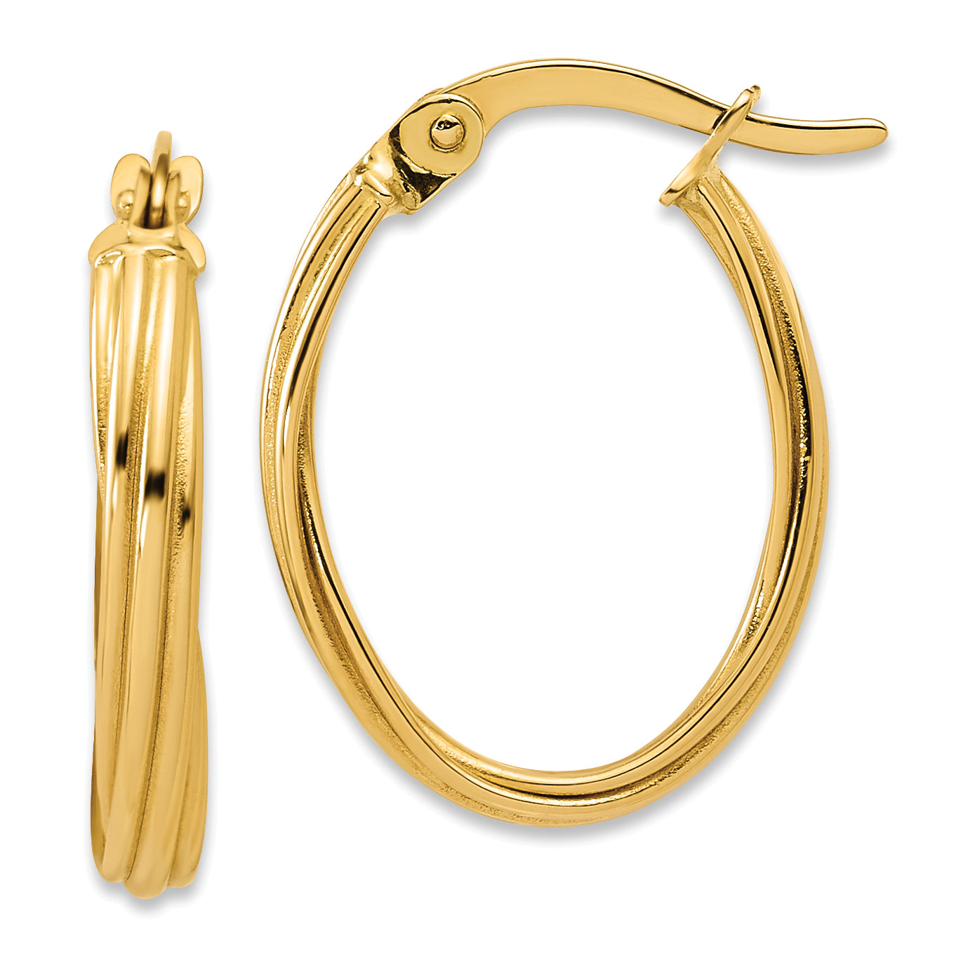 14K Polished and Grooved Twist Oval Hoop Earrings
