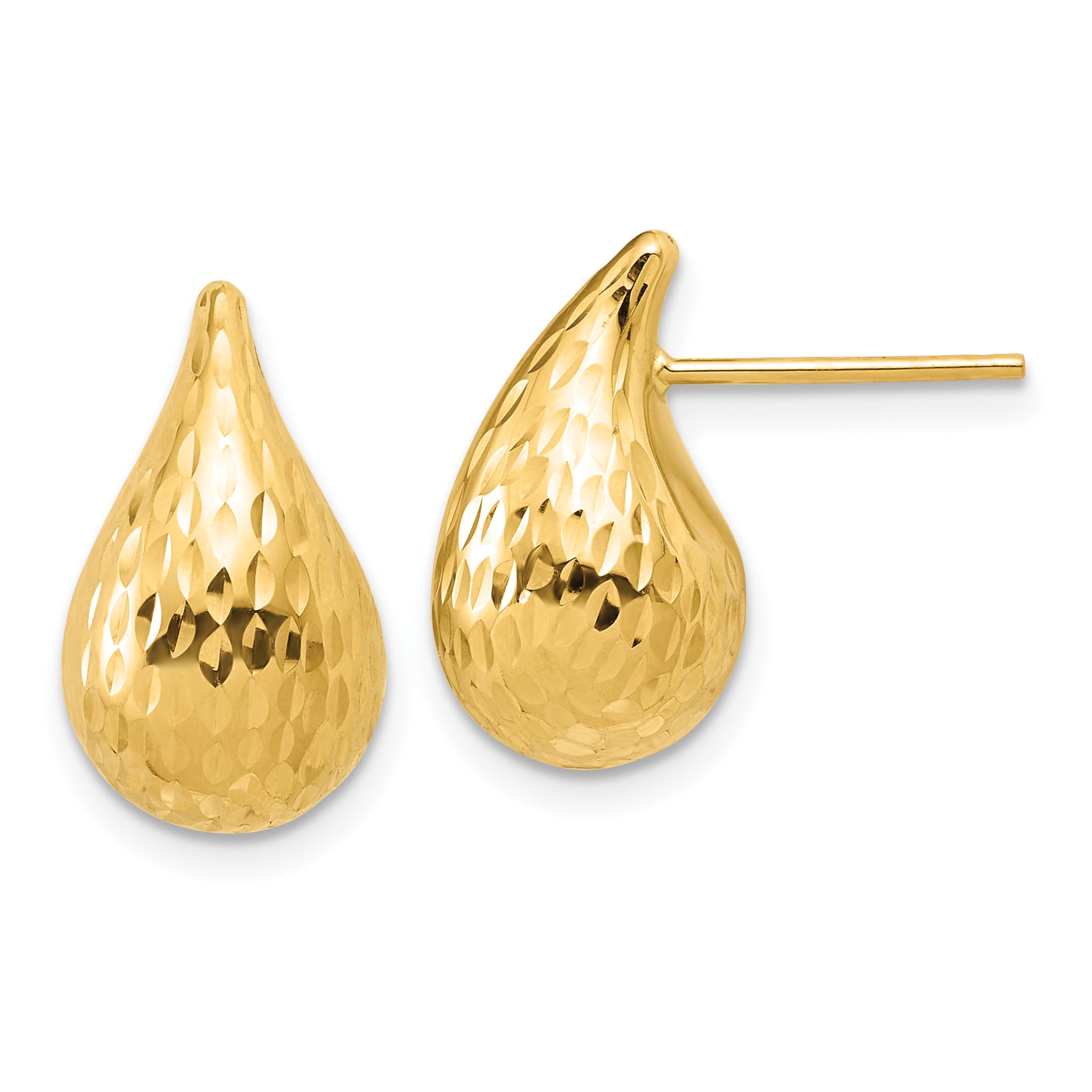 14K Polished and Diamond-cut Puffed Teardrop Post Earrings