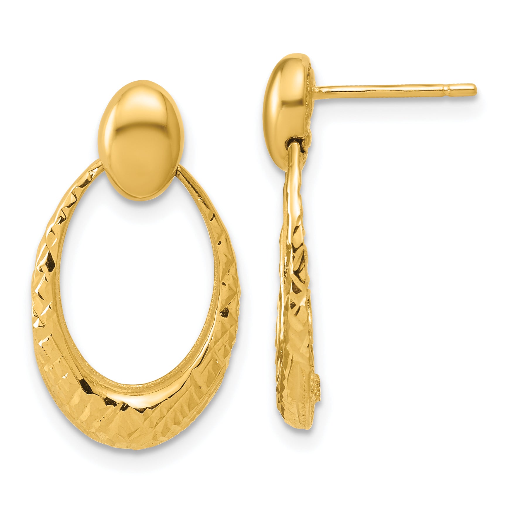 14K Polished and Diamond-cut Oval Dangle Post Earrings