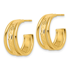 14K Polished and Diamond-cut 3-Row J-Hoop Post Earrings
