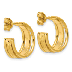 14K Polished and Diamond-cut 3-Row J-Hoop Post Earrings