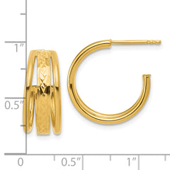 14K Polished and Diamond-cut 3-Row J-Hoop Post Earrings