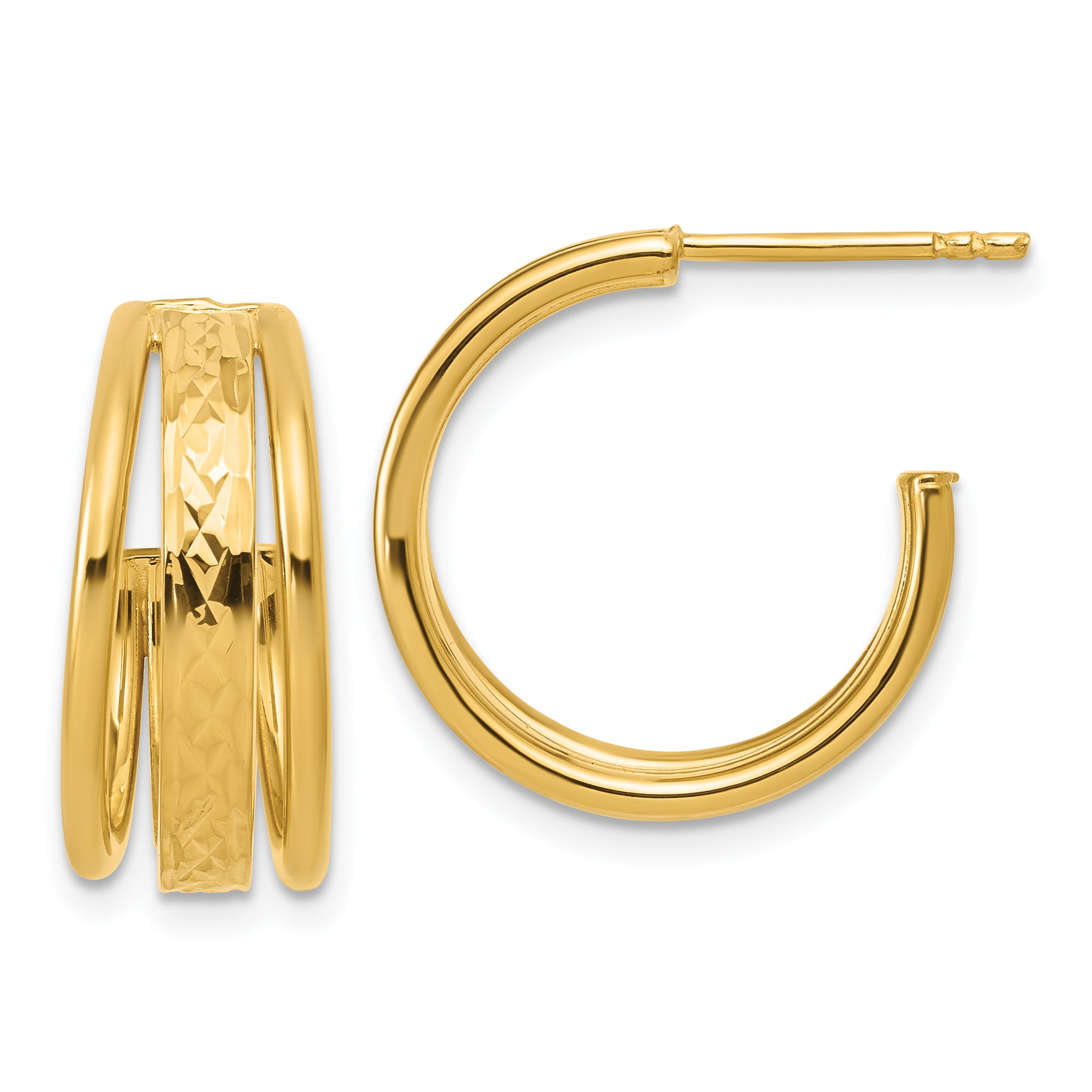 14K Polished and Diamond-cut 3-Row J-Hoop Post Earrings