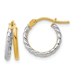 14K w/Rhodium Polished and Twisted 2-row J-Hoop Earrings