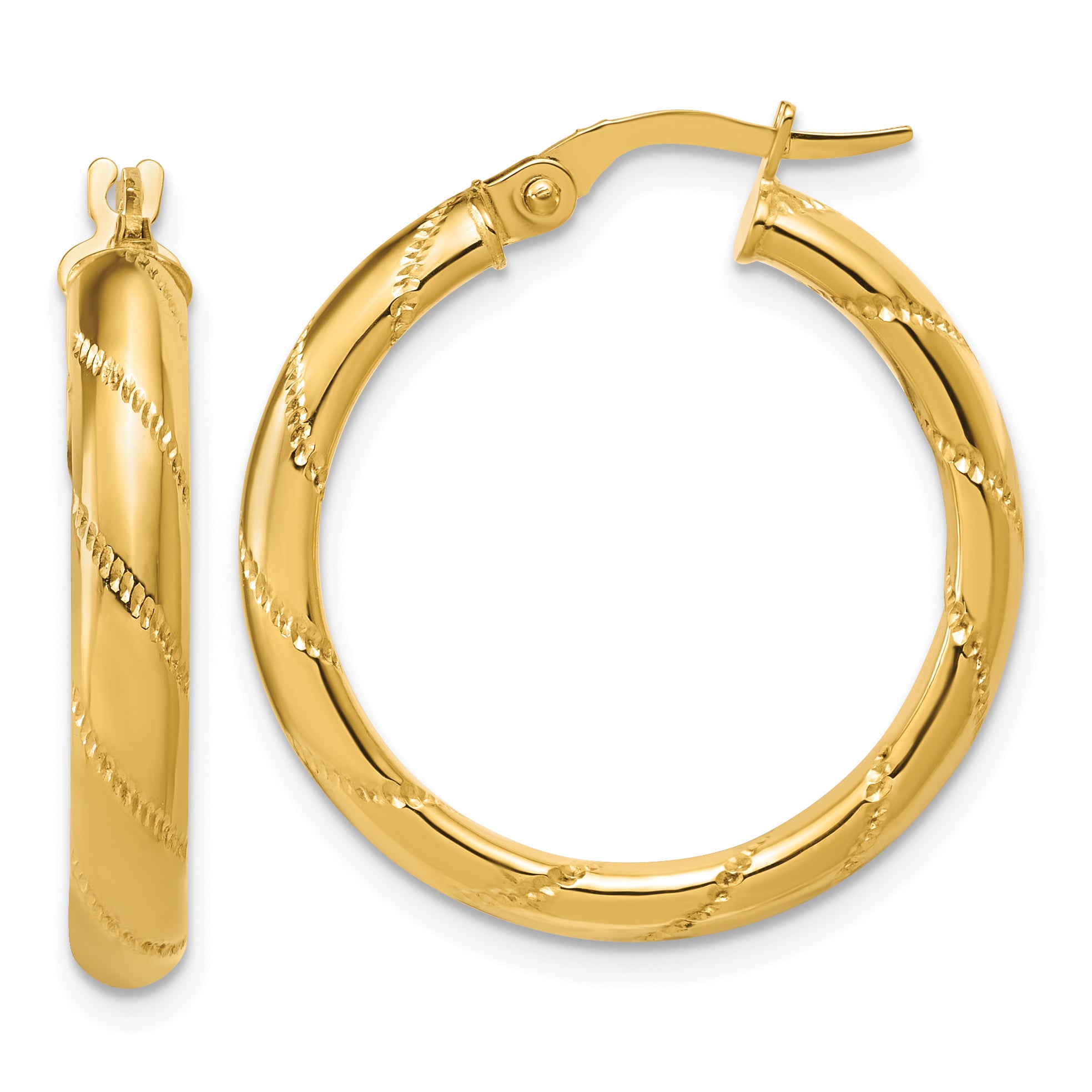 14K Polished and Textured Round Hoop Earrings