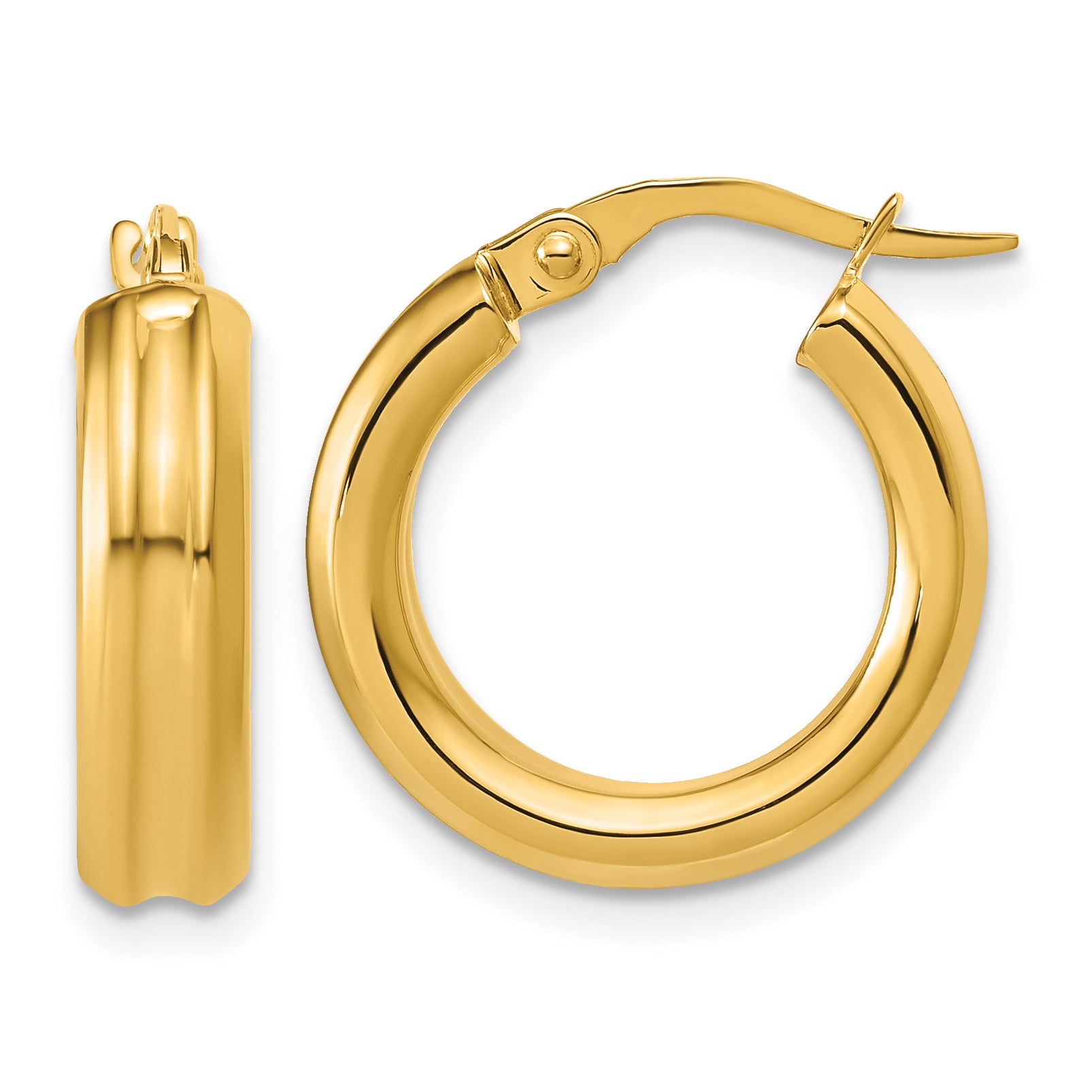 14K Polished and Grooved Round Hoop Earrings