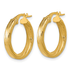 14K Polished / Textured and Twisted Round Hoop Earrings