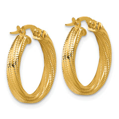 14K Polished / Textured and Twisted Round Hoop Earrings