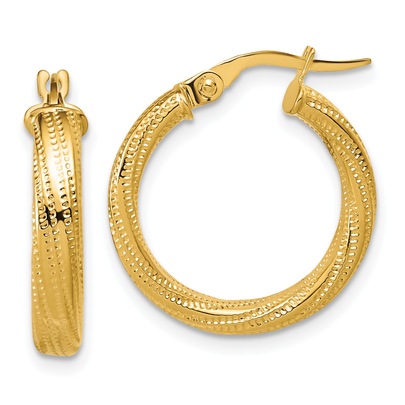 14K Polished / Textured and Twisted Round Hoop Earrings