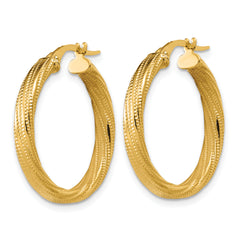 14K Polished / Textured and Twisted Round Hoop Earrings