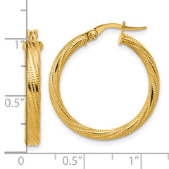 14K Polished / Textured and Twisted Round Hoop Earrings