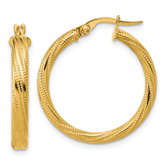 14K Polished / Textured and Twisted Round Hoop Earrings