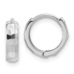 14K White Gold Polished and D/C Huggie Hoop Earrings