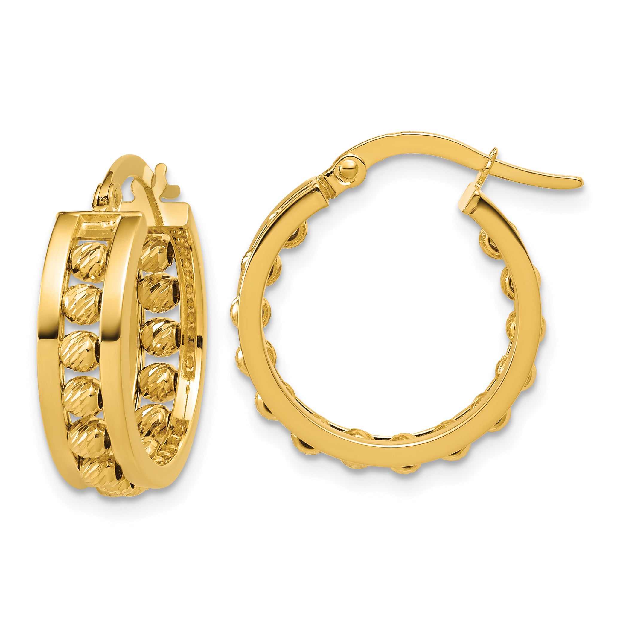 14K Polished and Diamond-cut Beaded Tube Hoop Earrings