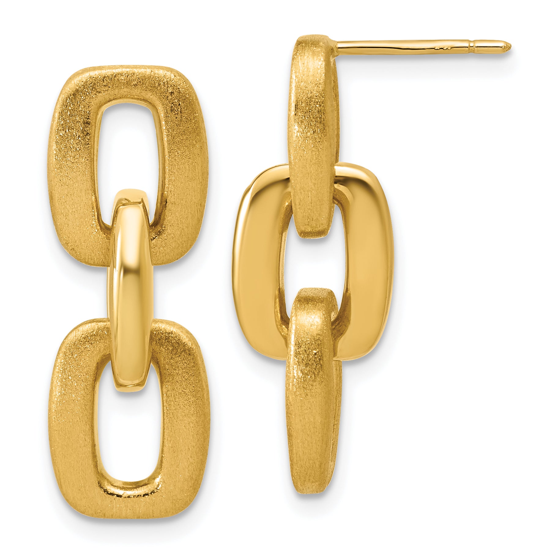 14K Polished and Brushed Squared Link Dangle Post Earrings
