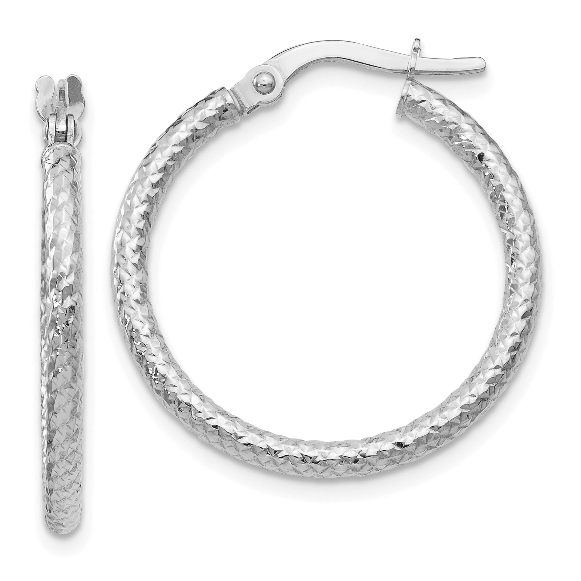 14K White Gold Polished and Textured Hinged Hoop Earrings