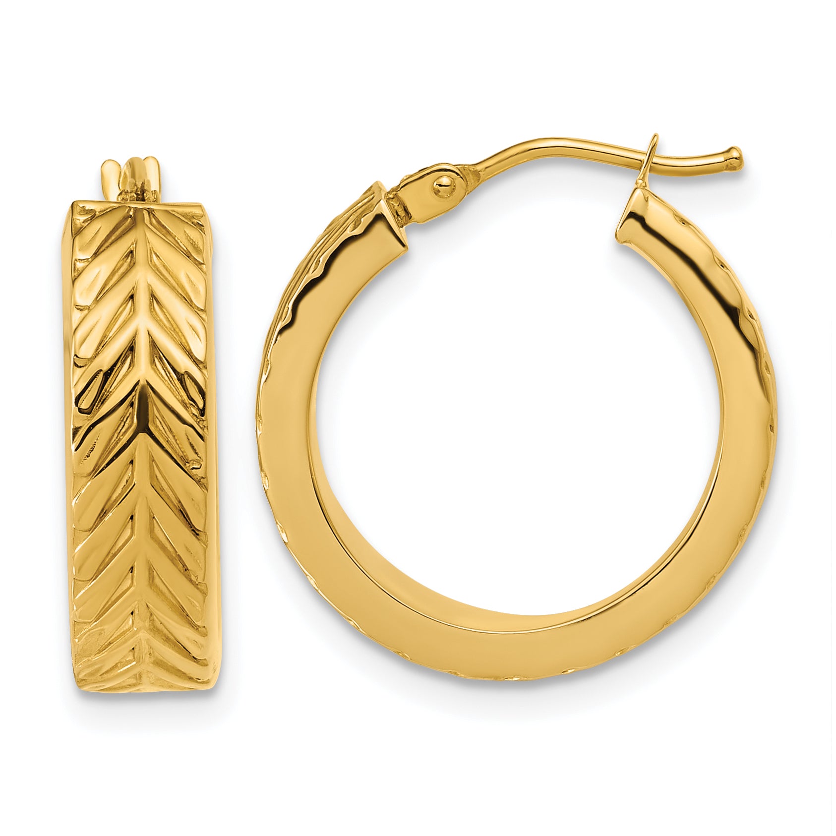 14K Polished and Grooved Round Hoop Earrings
