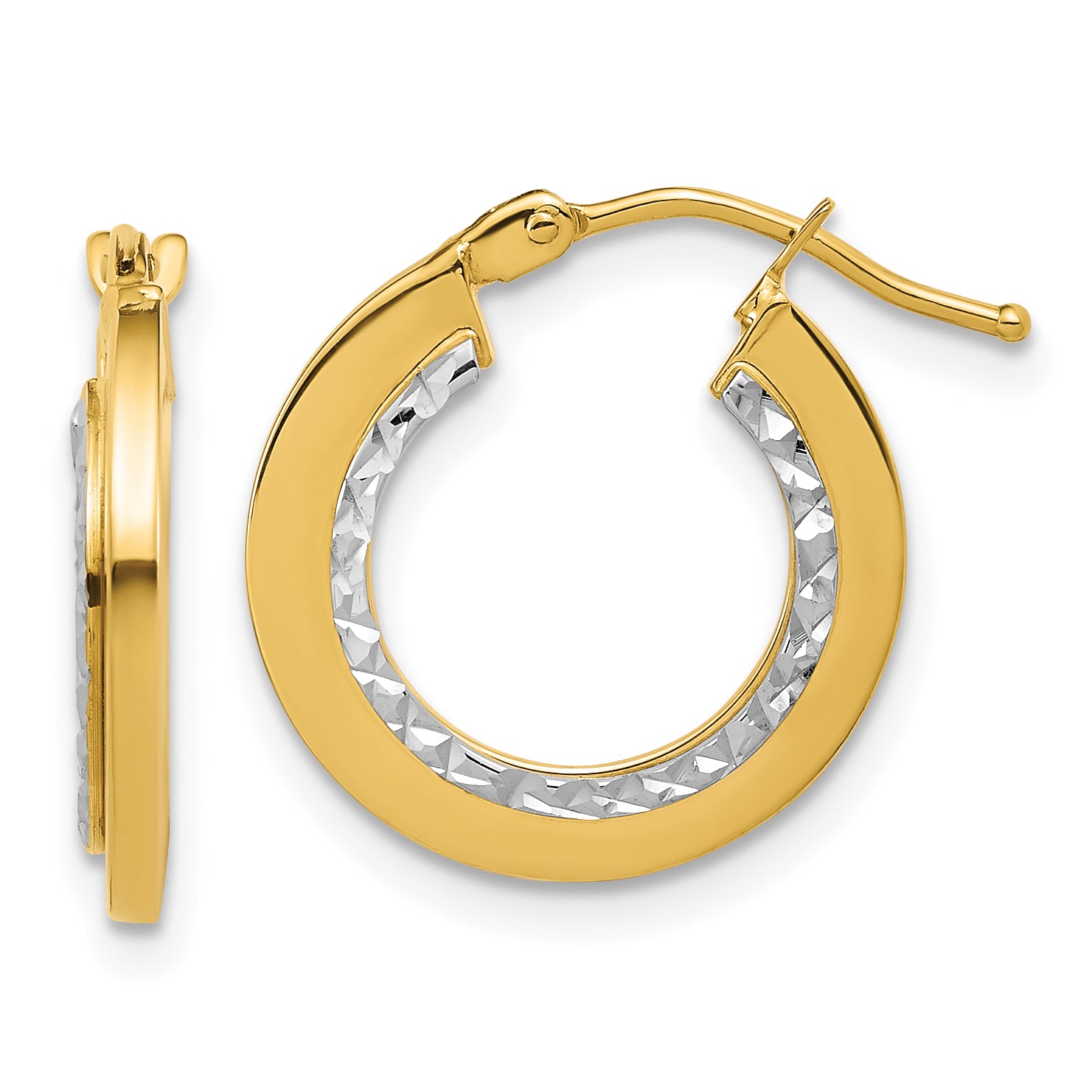 14K w/White Rhodium Polished and Diamond-cut Round Hoop Earrings