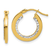 14K w/White Rhodium Polished and Diamond-cut Round Hoop Earrings