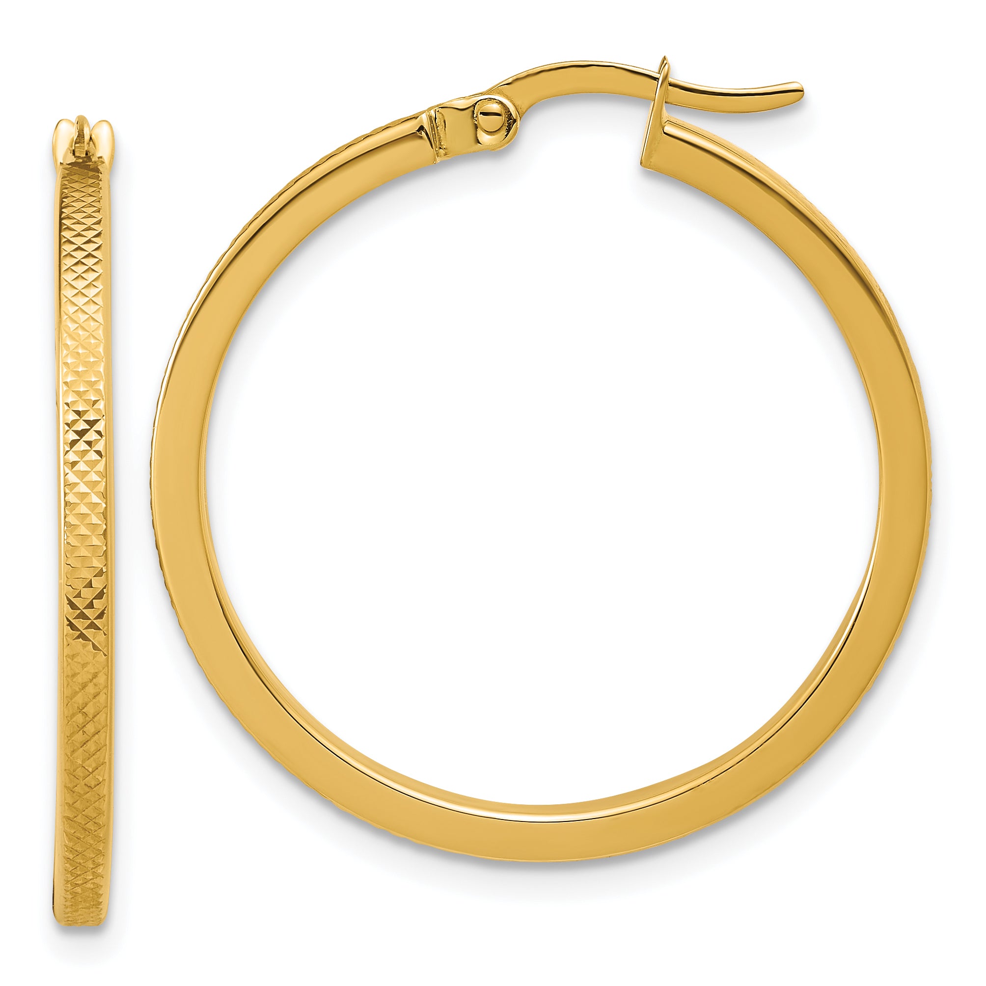 14K Polished and Textured Round Hoop Earrings