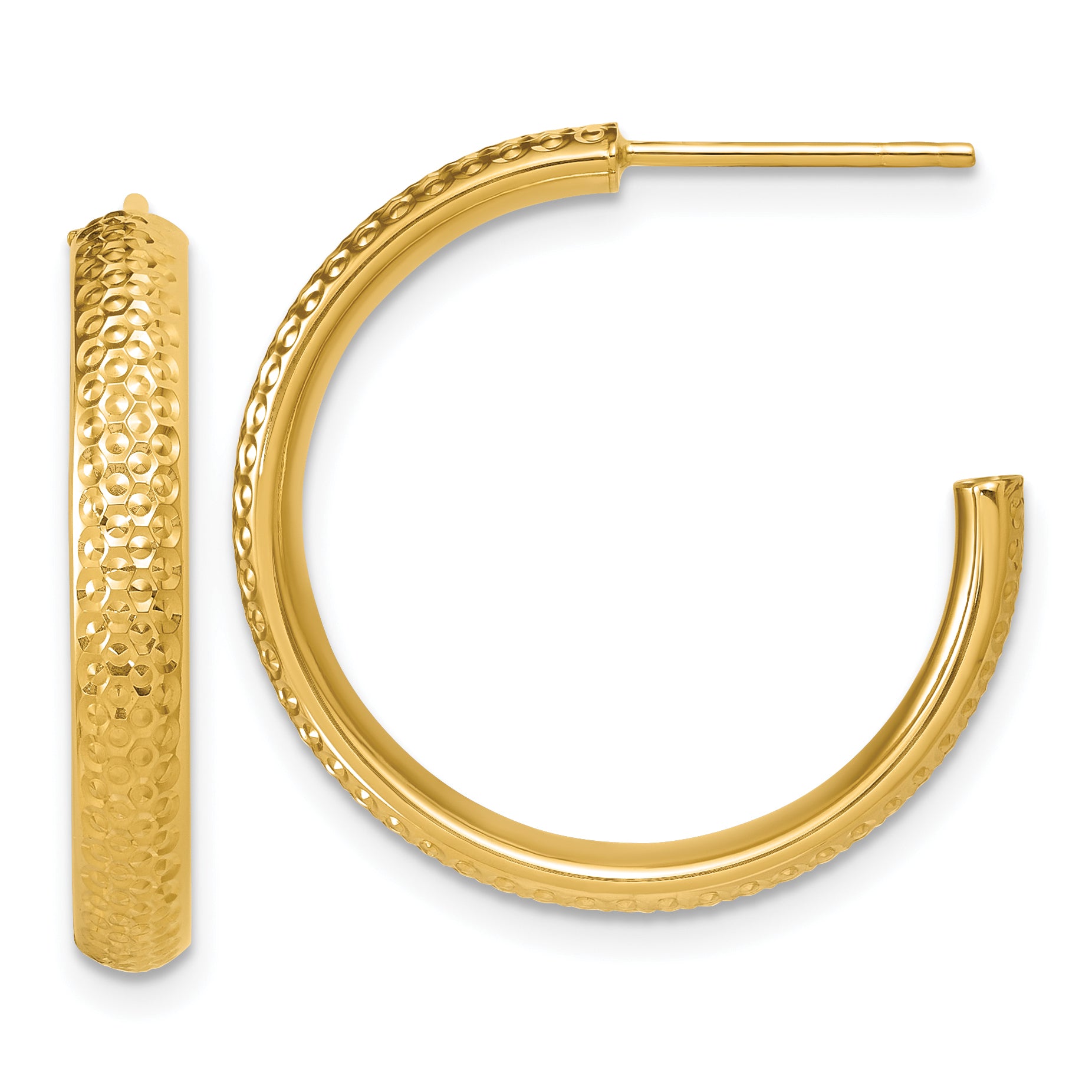 14K Polished and Diamond-cut J-Hoop Post Earrings