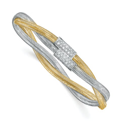 14K with White Rhodium CZ Polished Mesh Stretch Bracelet