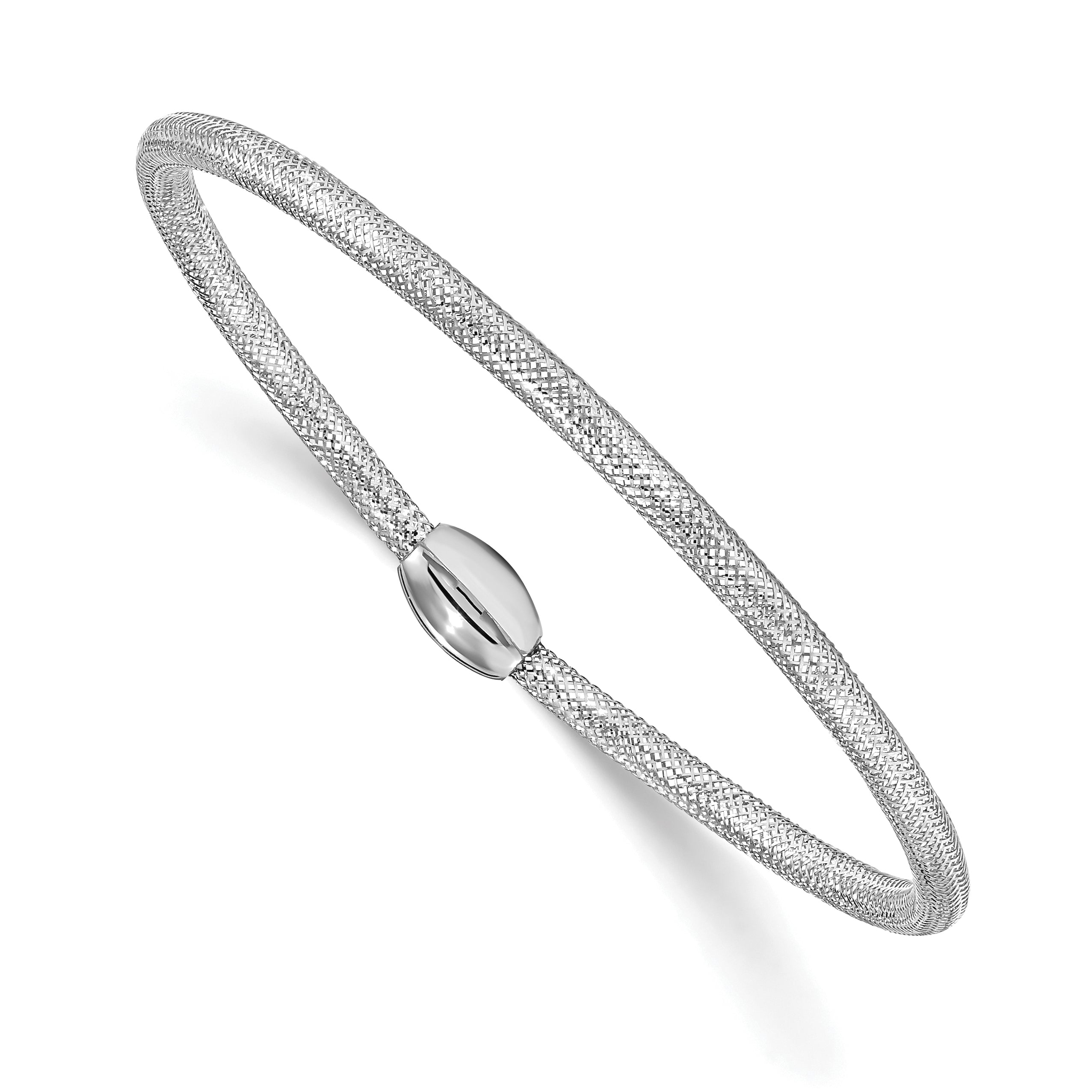 14K w/White RH-plating Polished Mesh Stretch Bracelet
