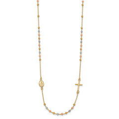 14K Tri-color Sideways Cross Beaded Rosary Style 18 inch Necklace