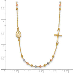 14K Tri-color Sideways Cross Beaded Rosary Style 18 inch Necklace
