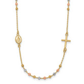 14K Tri-color Sideways Cross Beaded Rosary Style 18 inch Necklace