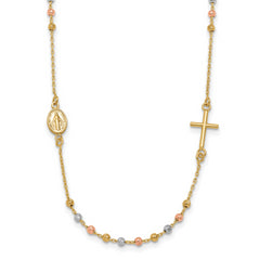 14K Tri-color Sideways Cross Beaded Rosary Style 18 inch Necklace