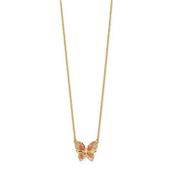14K Polished D/C w/ Pink Enamel Butterfly Necklace