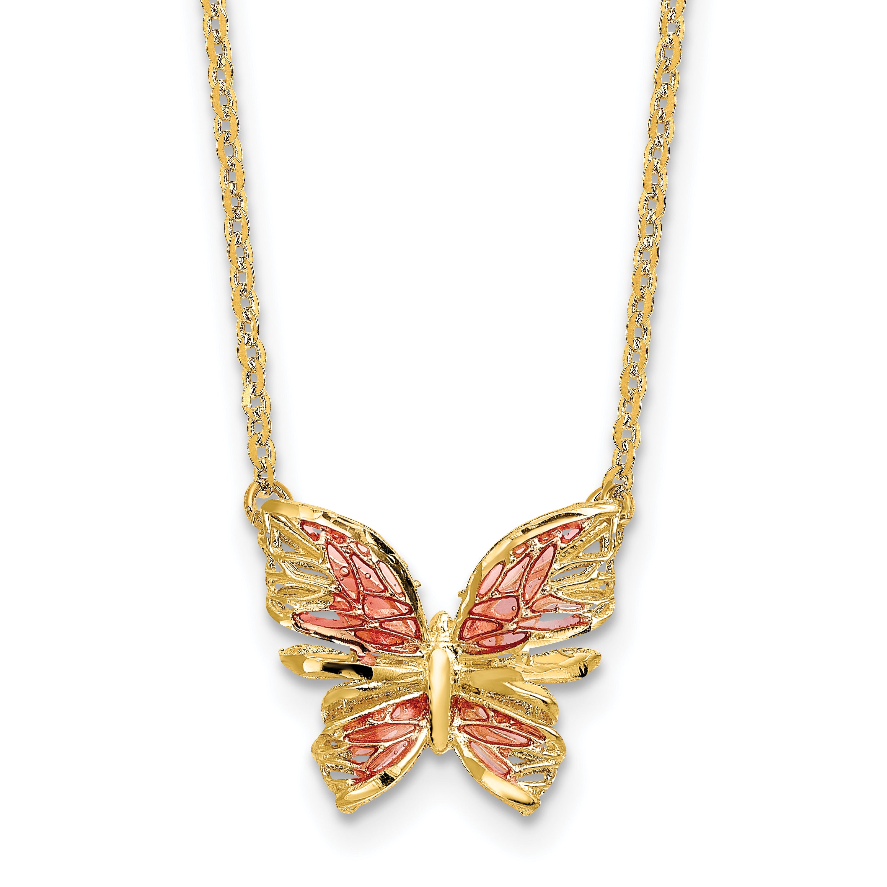 14K Polished D/C w/ Pink Enamel Butterfly Necklace