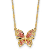 14K Polished D/C w/ Pink Enamel Butterfly Necklace