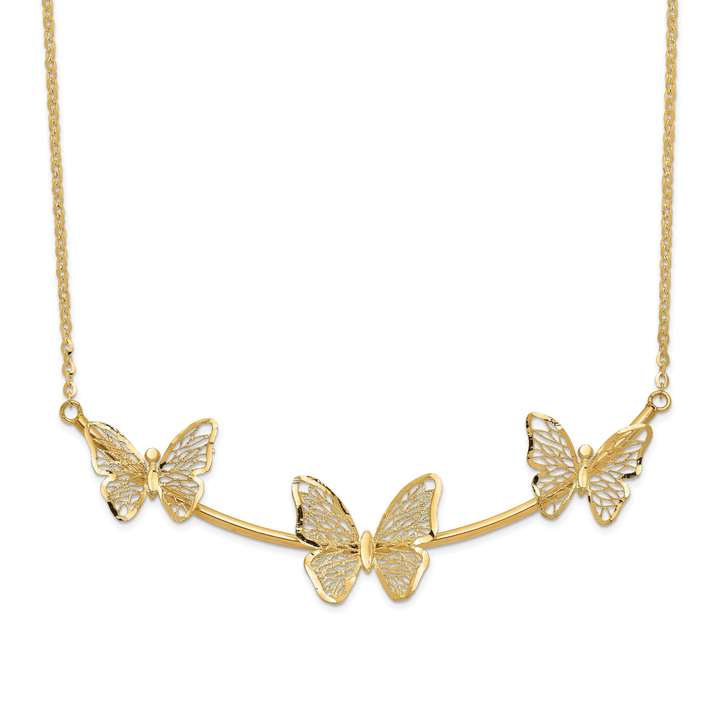 14K Polished Filigree 3-Butterfly Bar Necklace