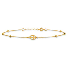 14K Oval Cross and Diamond-cut Beads 9.5 inch Plus 1 inch Extender - Total 10.5 inch Anklet