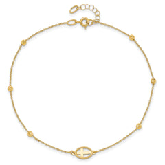 14K Oval Cross and Diamond-cut Beads 9.5 inch Plus 1 inch Extender - Total 10.5 inch Anklet