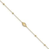 14K Oval Cross and Diamond-cut Beads 9.5 inch Plus 1 inch Extender - Total 10.5 inch Anklet