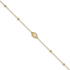 14K Oval Cross and Diamond-cut Beads 9.5 inch Plus 1 inch Extender - Total 10.5 inch Anklet