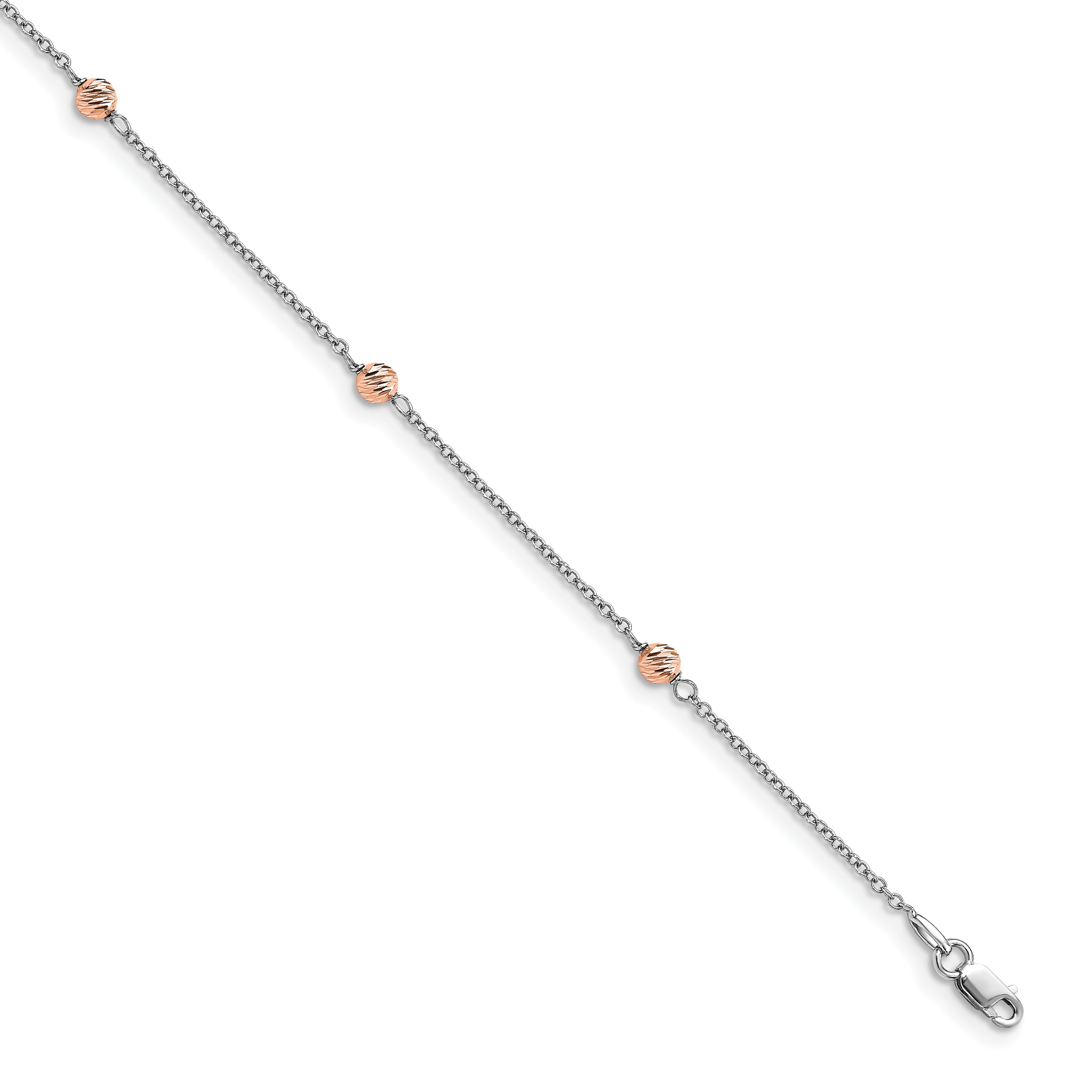 14K White and Rose Gold Polished D/C Beaded w/1in ext. Anklet