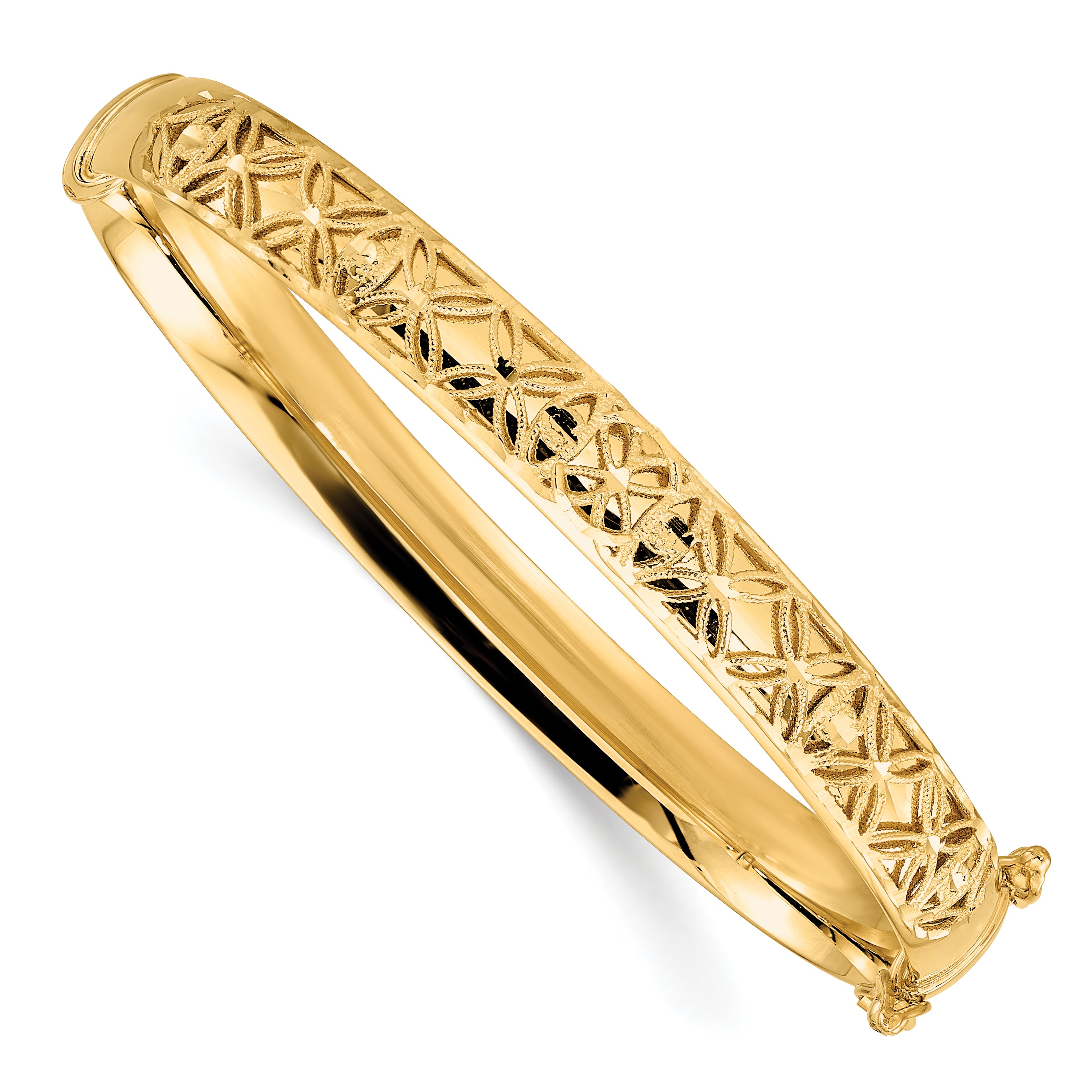 14K Polished and Textured Oval Hinged Bangle