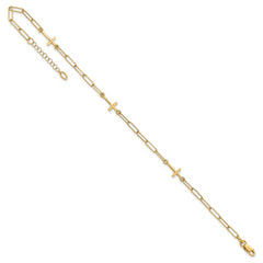 14K Cross and Paperclip Link 3-Station 9 inch Plus 1inch Extender - Total 10 inch Anklet