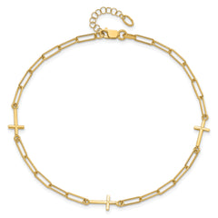 14K Cross and Paperclip Link 3-Station 9 inch Plus 1inch Extender - Total 10 inch Anklet