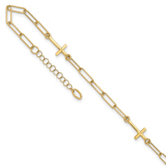 14K Cross and Paperclip Link 3-Station 9 inch Plus 1inch Extender - Total 10 inch Anklet