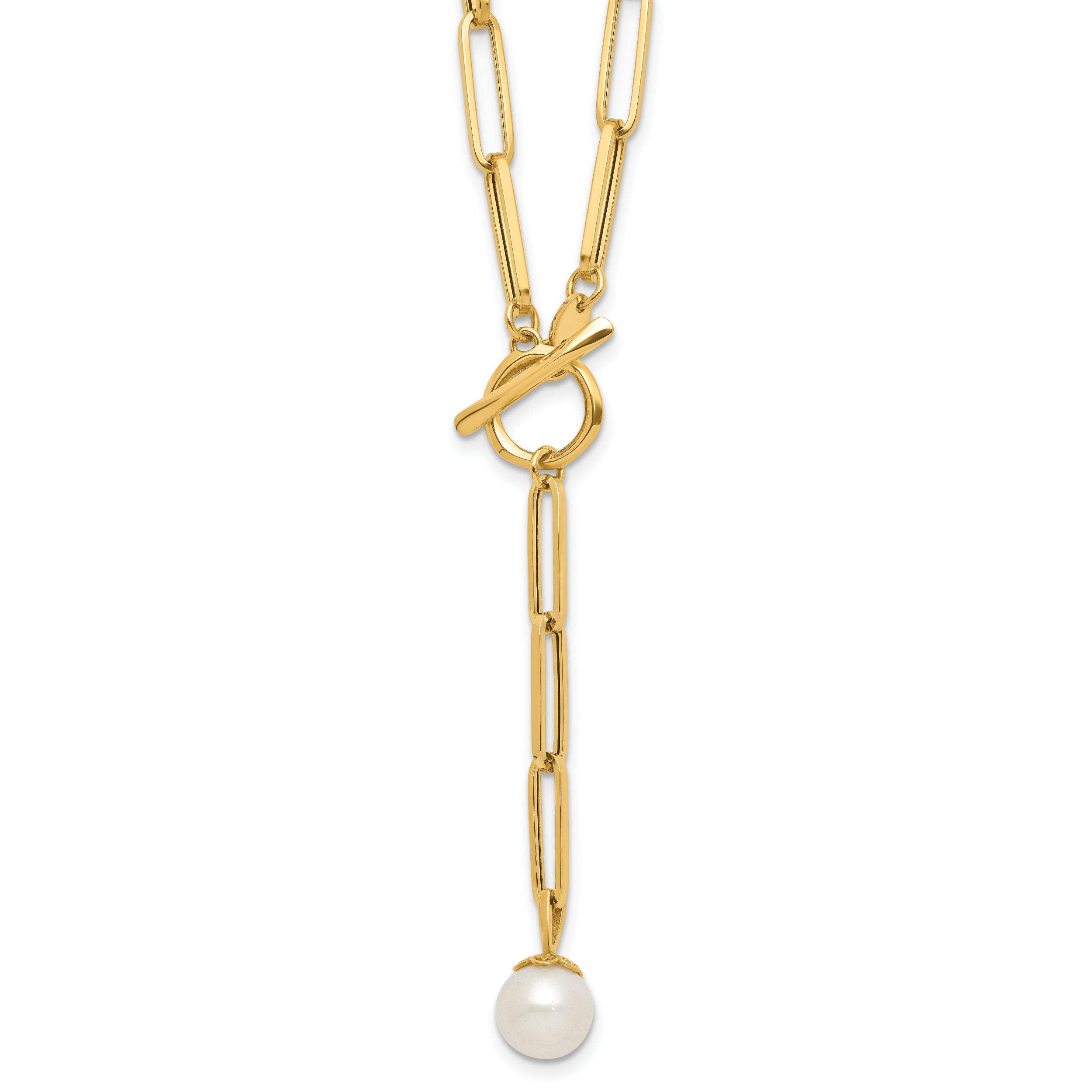 14K Polished Freshwater Cultured Pearl Fancy Link Toggle Necklace
