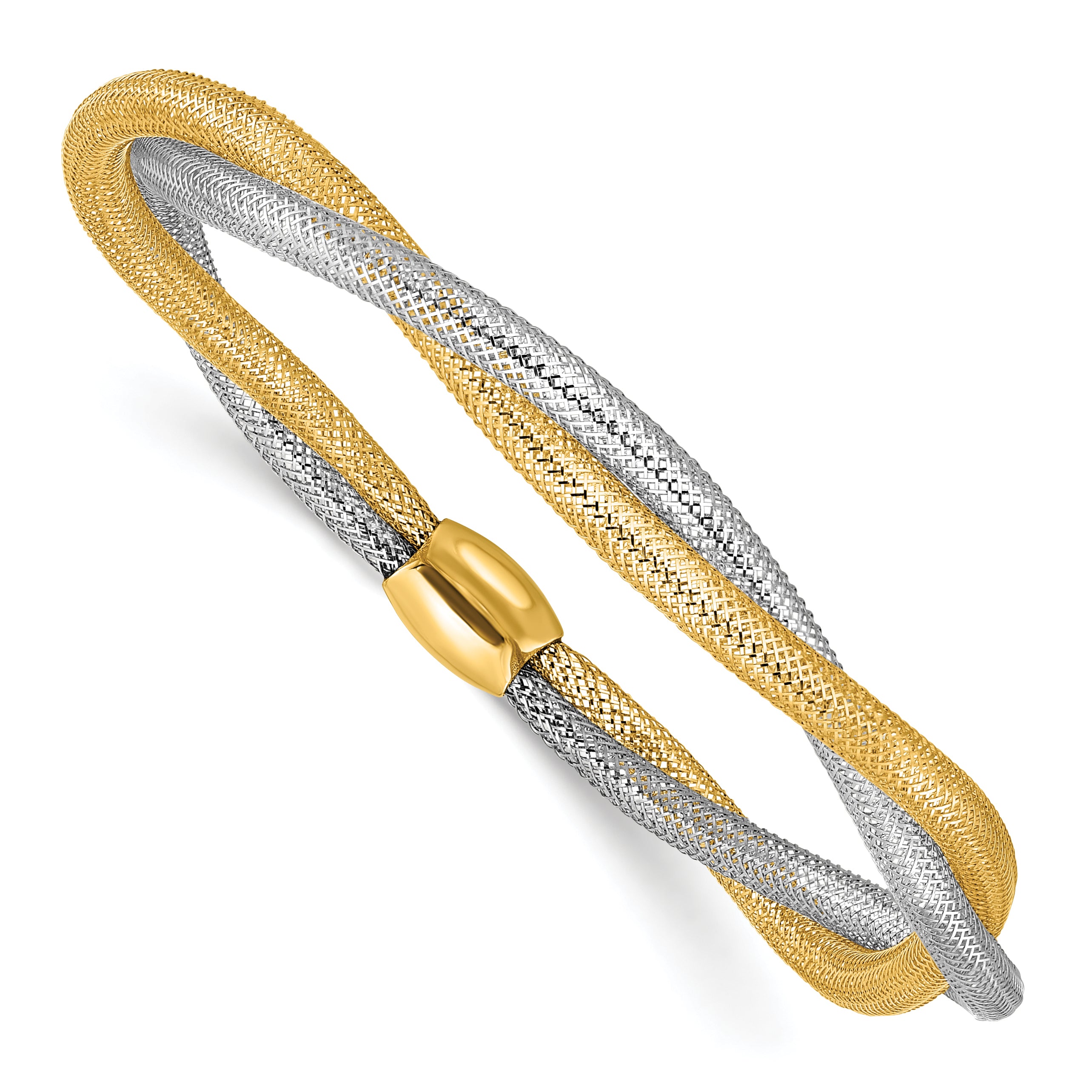 14K w/Rhodium Mesh Twist Slip-on Stretch Bracelet