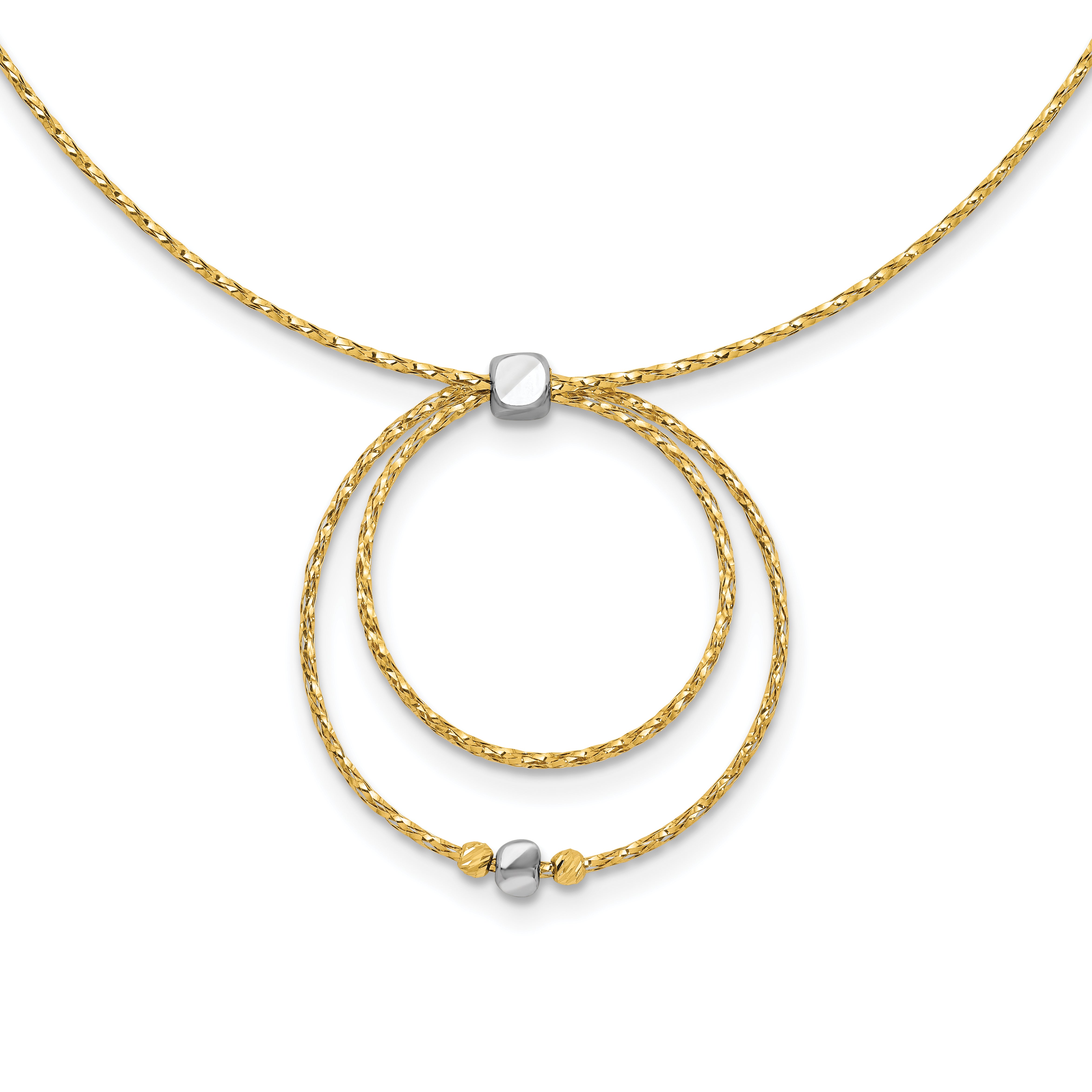 14K w/Wht Rhodium-Platedod Polished/DC Circle Pendant w/1in ext. Necklace